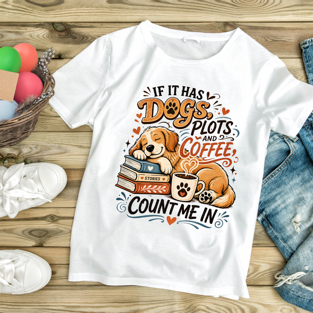 If It Has Dogs, Books & Coffee Count Me In T-Shirt | Dog Lover Reading Tee - Auralith
