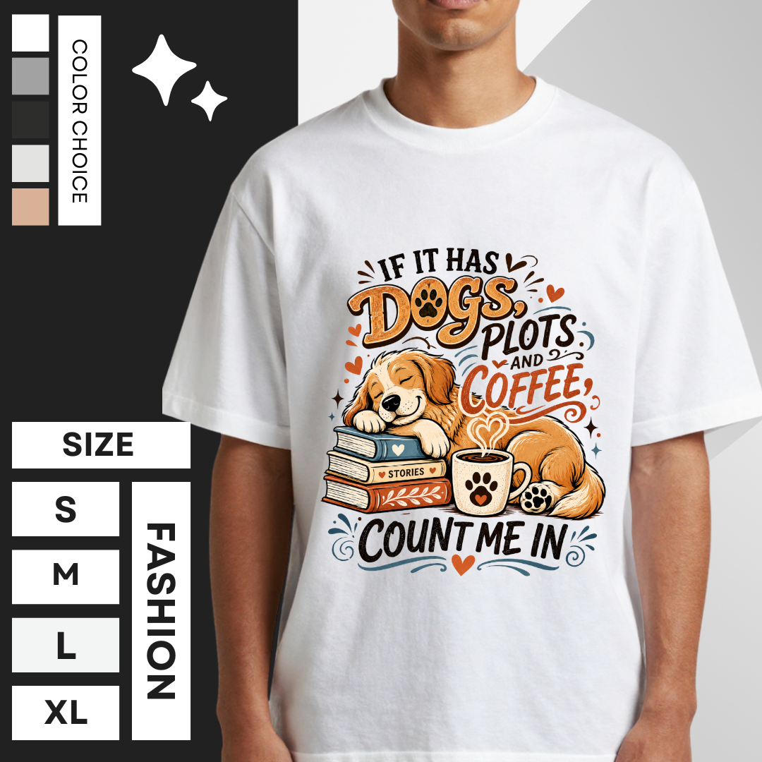 If It Has Dogs, Books & Coffee Count Me In T-Shirt | Dog Lover Reading Tee - Auralith