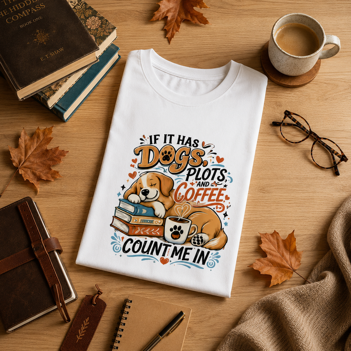 If It Has Dogs, Books & Coffee Count Me In T-Shirt | Auralith