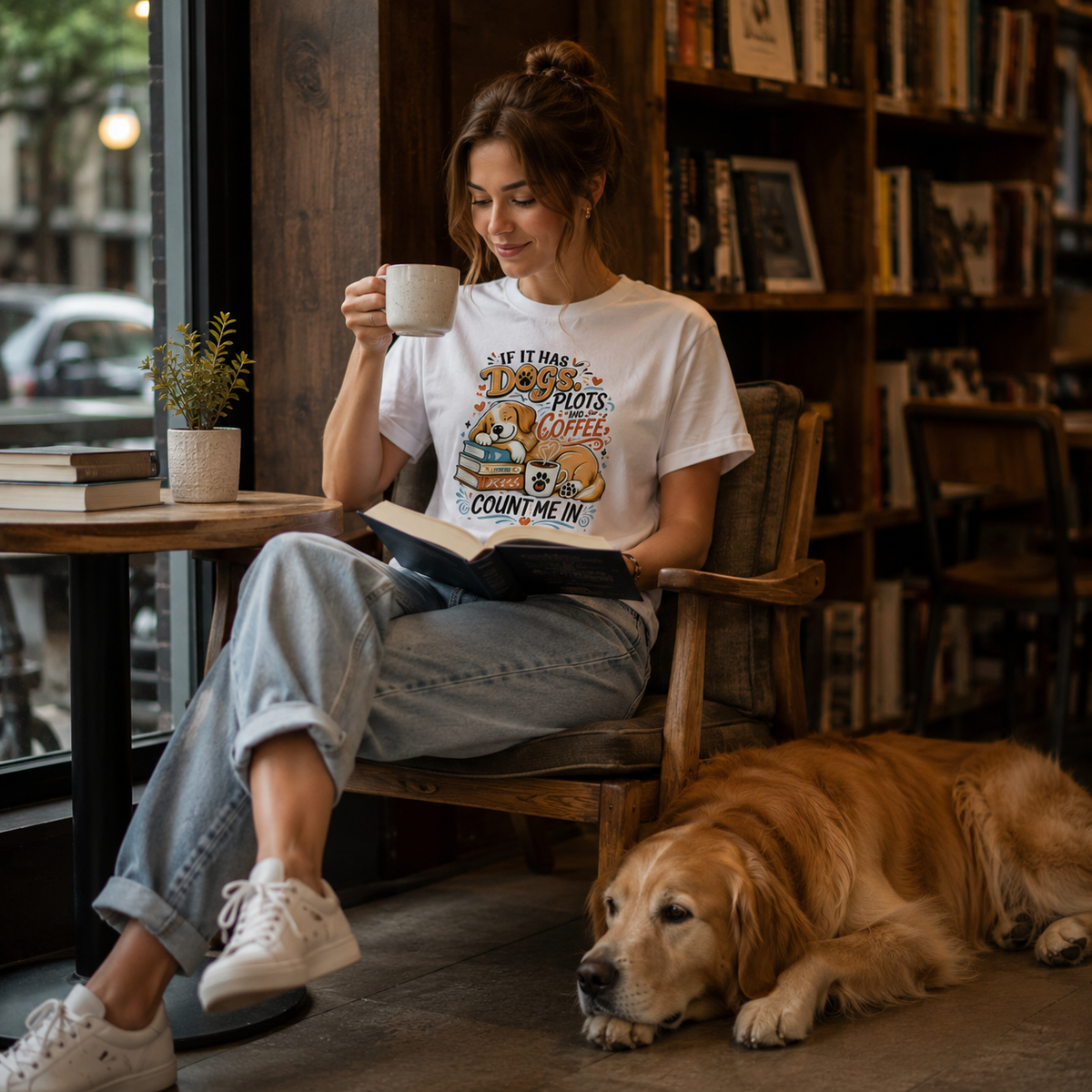 If It Has Dogs, Books & Coffee Count Me In T-Shirt | Auralith