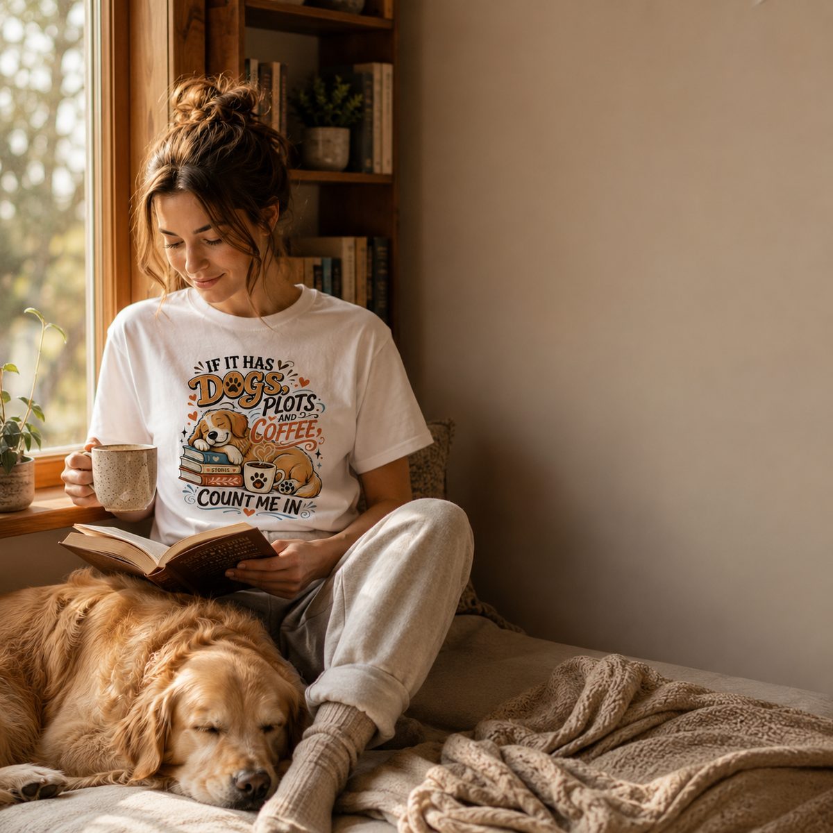 If It Has Dogs, Books & Coffee Count Me In T-Shirt | Auralith
